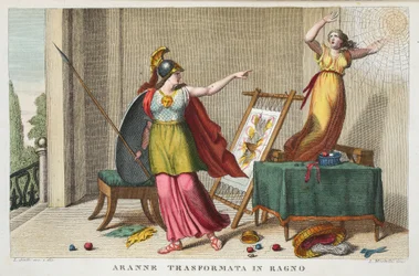 Arachne forvandlet til en edderkopp eller Aranne Trasformata in Ragno, bok VI, illustrasjon fra Ovids Metamorfoser, Firenze, 1832